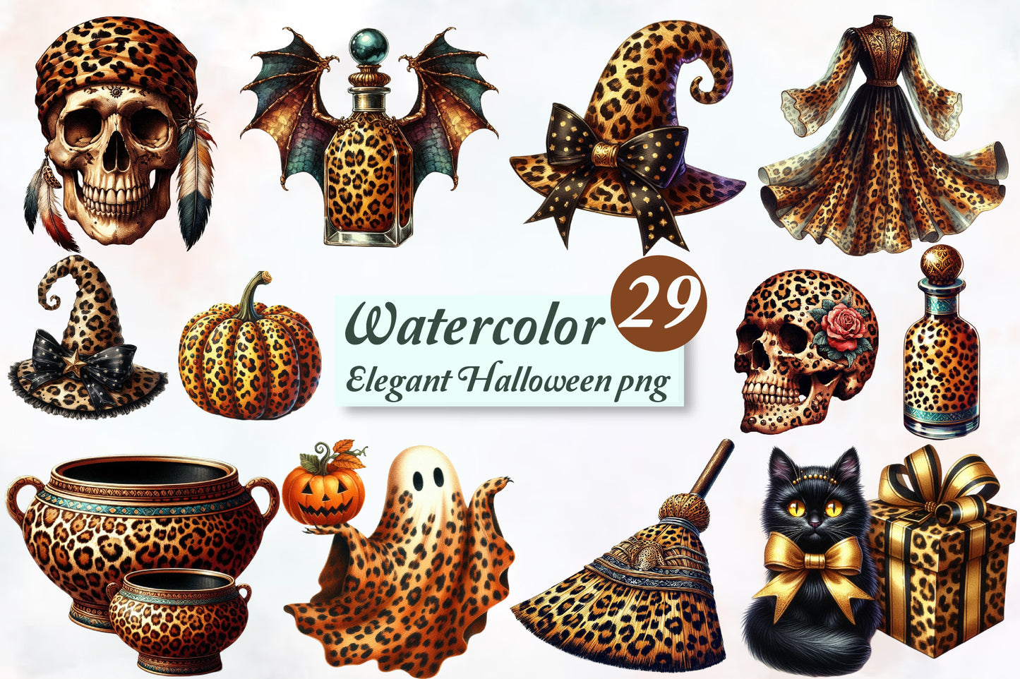Elegant Leopard Halloween PNG Bundle 29 Watercolor Halloween Clipart