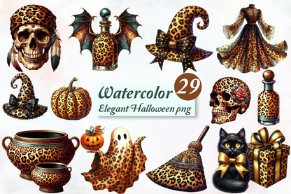 Elegant Leopard Halloween PNG Bundle 29 Watercolor Halloween Clipart