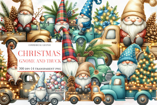 Christmas Gnome and Truck Clipart PNG Bundle | Watercolor Vintage Red Truck Christmas Gnome | Farmhouse Holiday Sublimation PNG