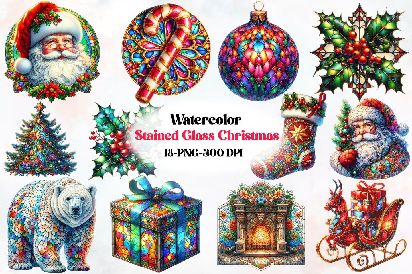 Stained Glass Christmas PNG Bundle 18 Watercolor Holiday Clipart
