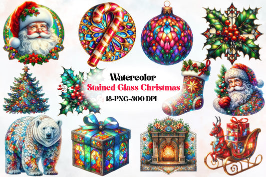 Stained Glass Christmas PNG Bundle 18 Watercolor Holiday Clipart