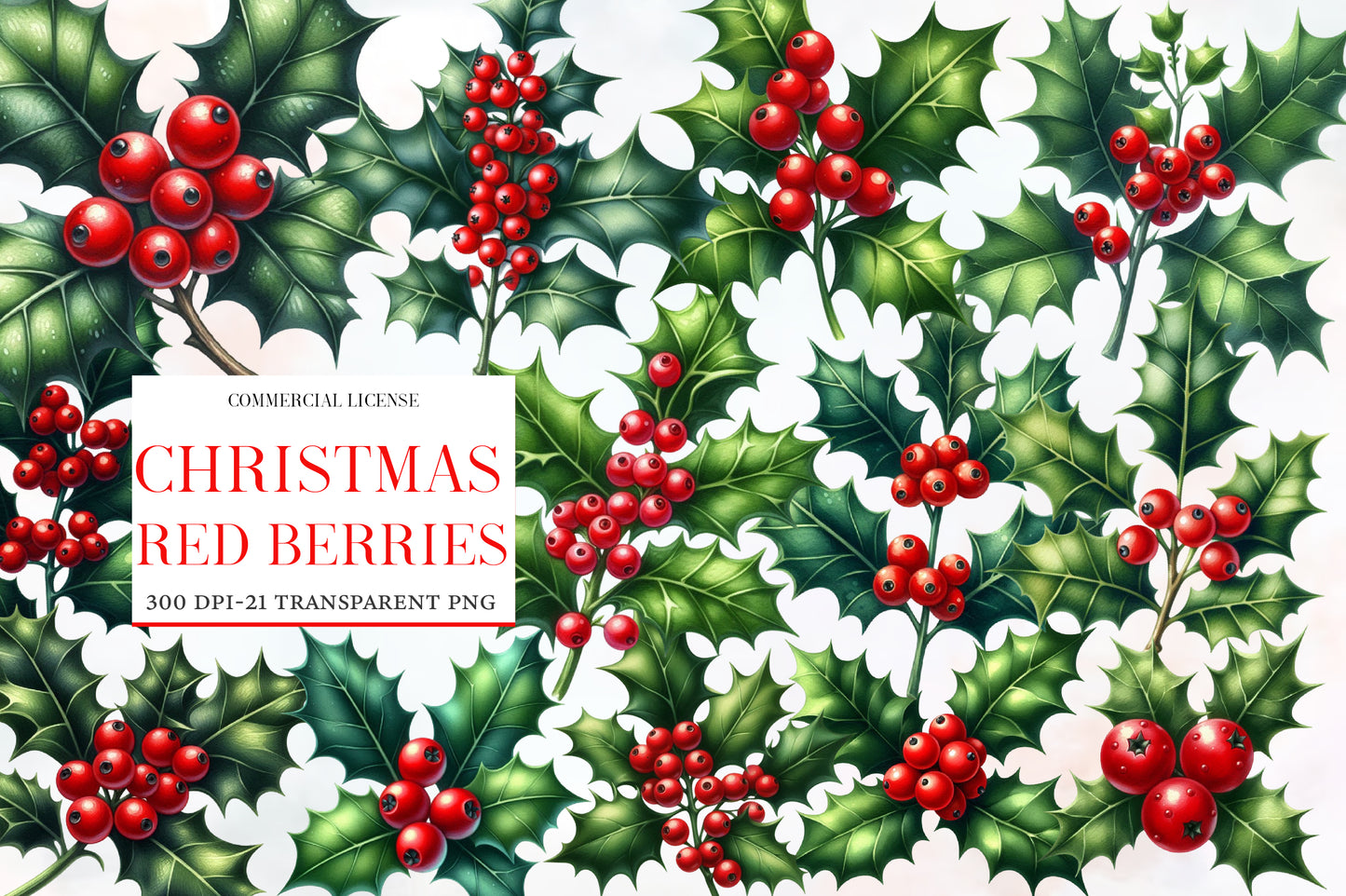 Christmas Red Berries Branches Clipart PNG Bundle | Watercolor Winter Red Berry Branches | Holiday Botanical Sublimation PNG