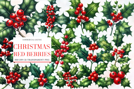 Christmas Red Berries Branches Clipart PNG Bundle | Watercolor Winter Red Berry Branches | Holiday Botanical Sublimation PNG