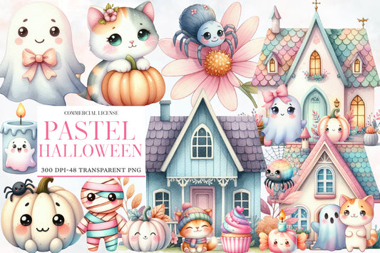 Pastel Halloween Clipart PNG Bundle | Cute Ghost, Cat, Pumpkin & Haunted House
