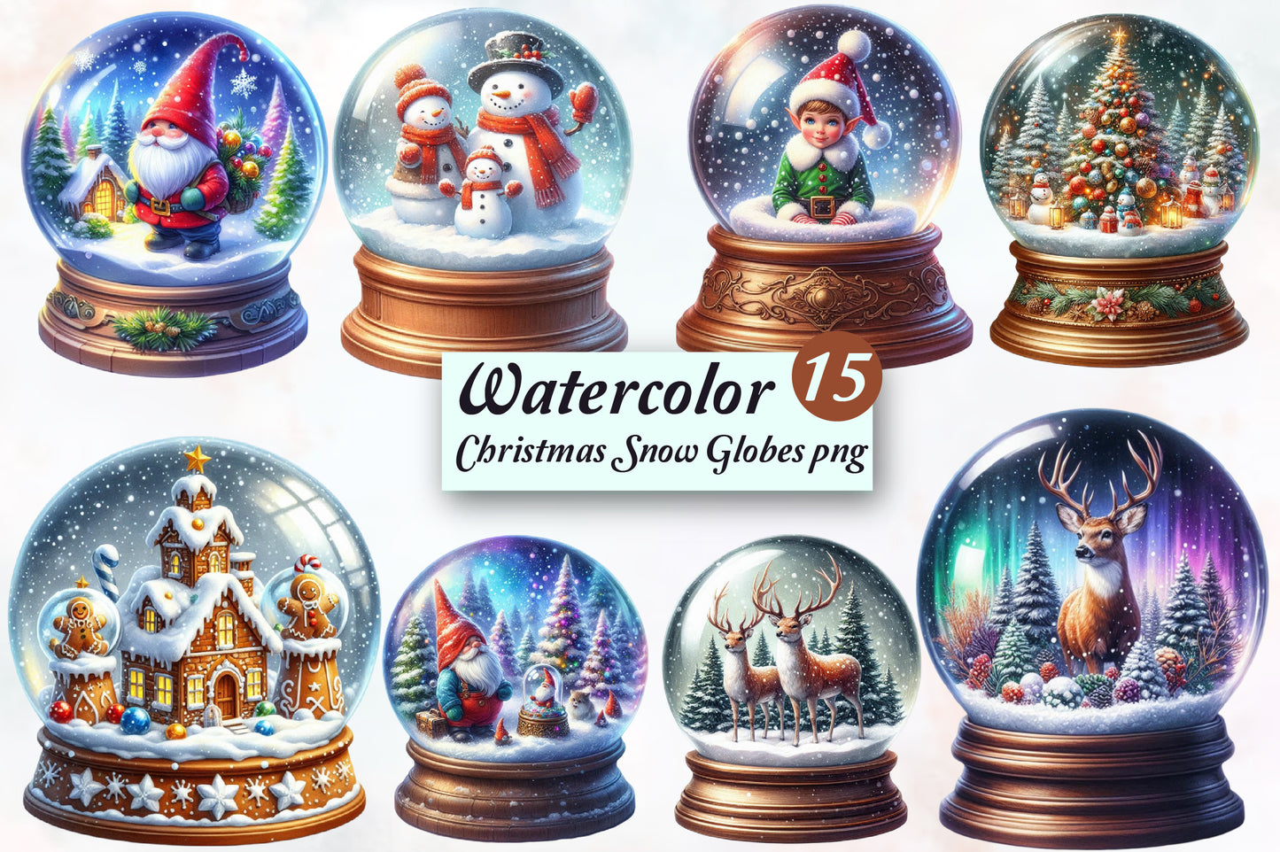 Watercolor Christmas Snow Globe PNG Bundle 15 Holiday Clipart