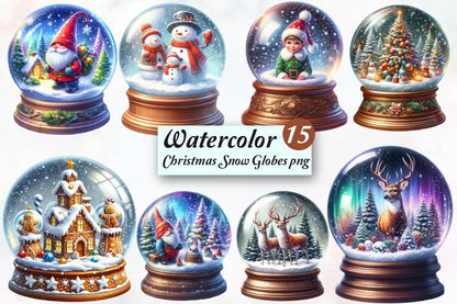 Watercolor Christmas Snow Globe PNG Bundle 15 Holiday Clipart