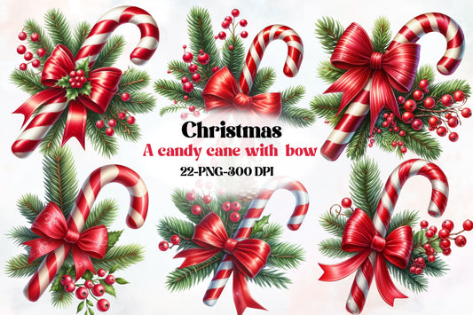 Christmas Candy Cane with Bow PNG Bundle | Watercolor Candy Cane Christmas Clipart | Holiday Sublimation