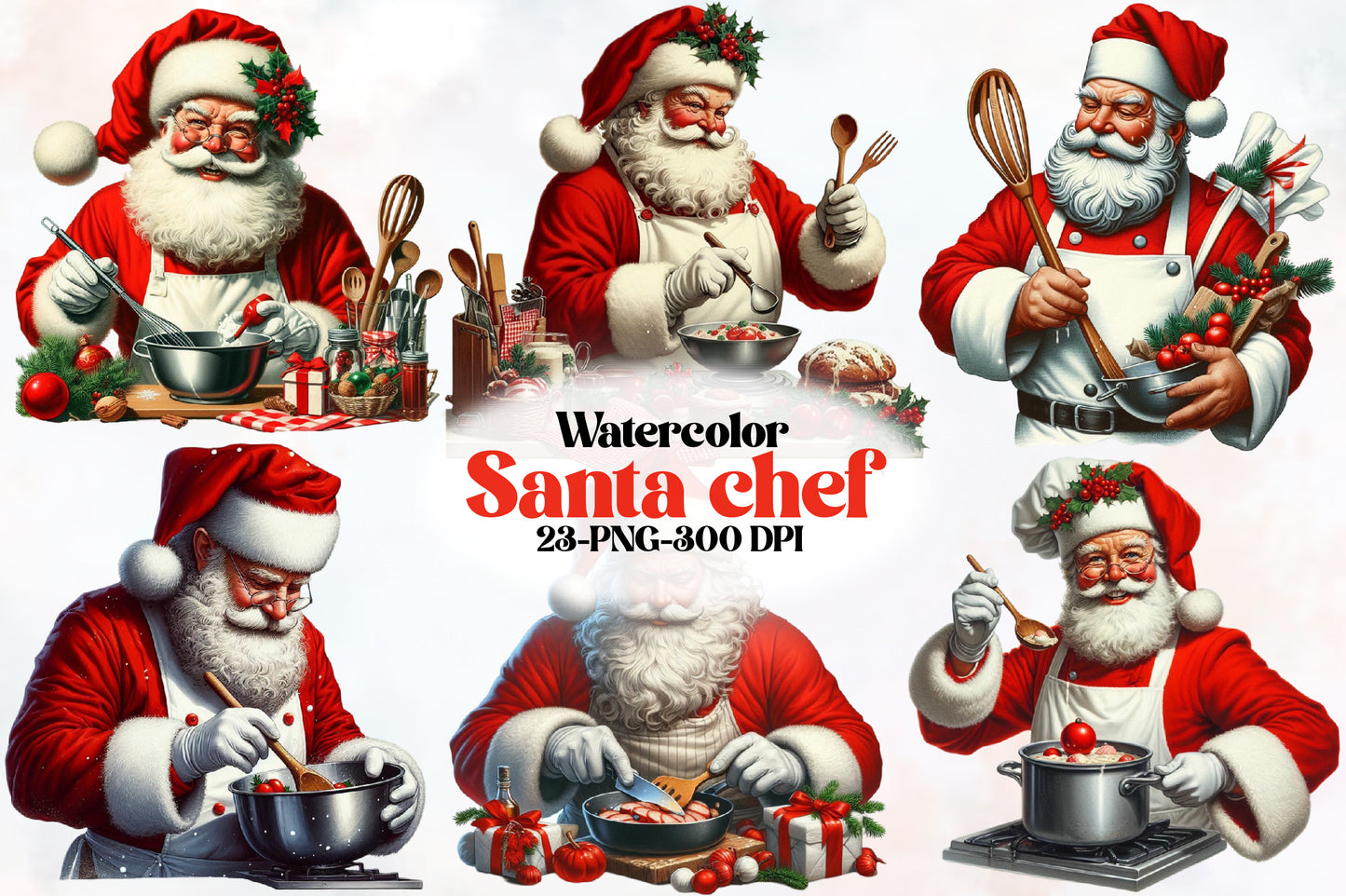 Watercolor Santa Chef Clipart PNG Bundle | Funny Christmas Cooking Santa, Baking & Holiday Kitchen Designs