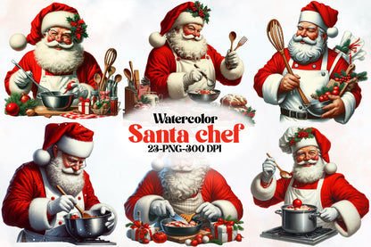 Watercolor Santa Chef Clipart PNG Bundle | Funny Christmas Cooking Santa, Baking & Holiday Kitchen Designs