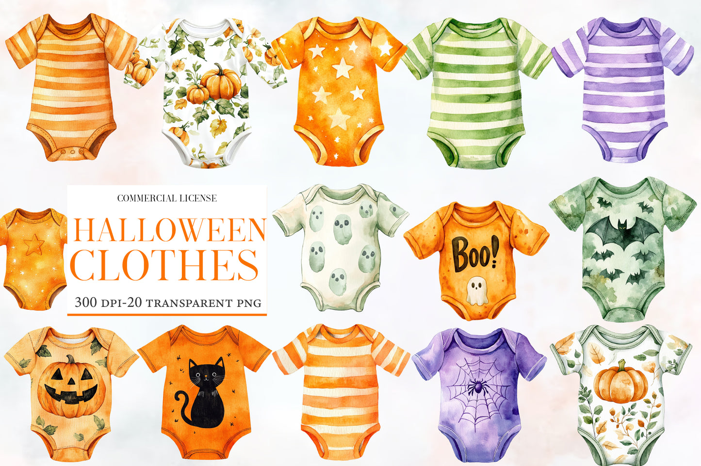 Halloween Baby Clothes Clipart PNG Bundle | Baby Bodysuit PNG, Halloween Onesie Clipart,