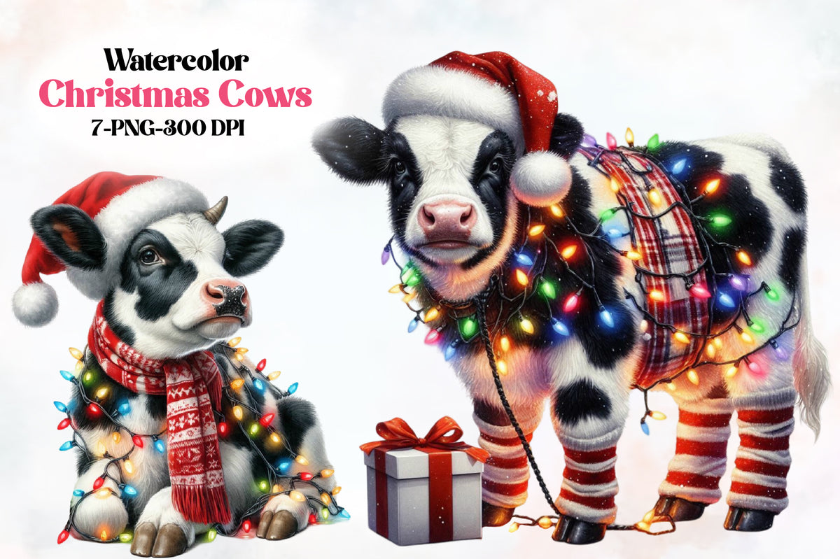 Christmas Cows PNG Clipart Bundle Watercolor Santa Cow Holiday Farm Animal