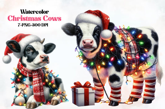 Christmas Cows PNG Clipart Bundle Watercolor Santa Cow Holiday Farm Animal