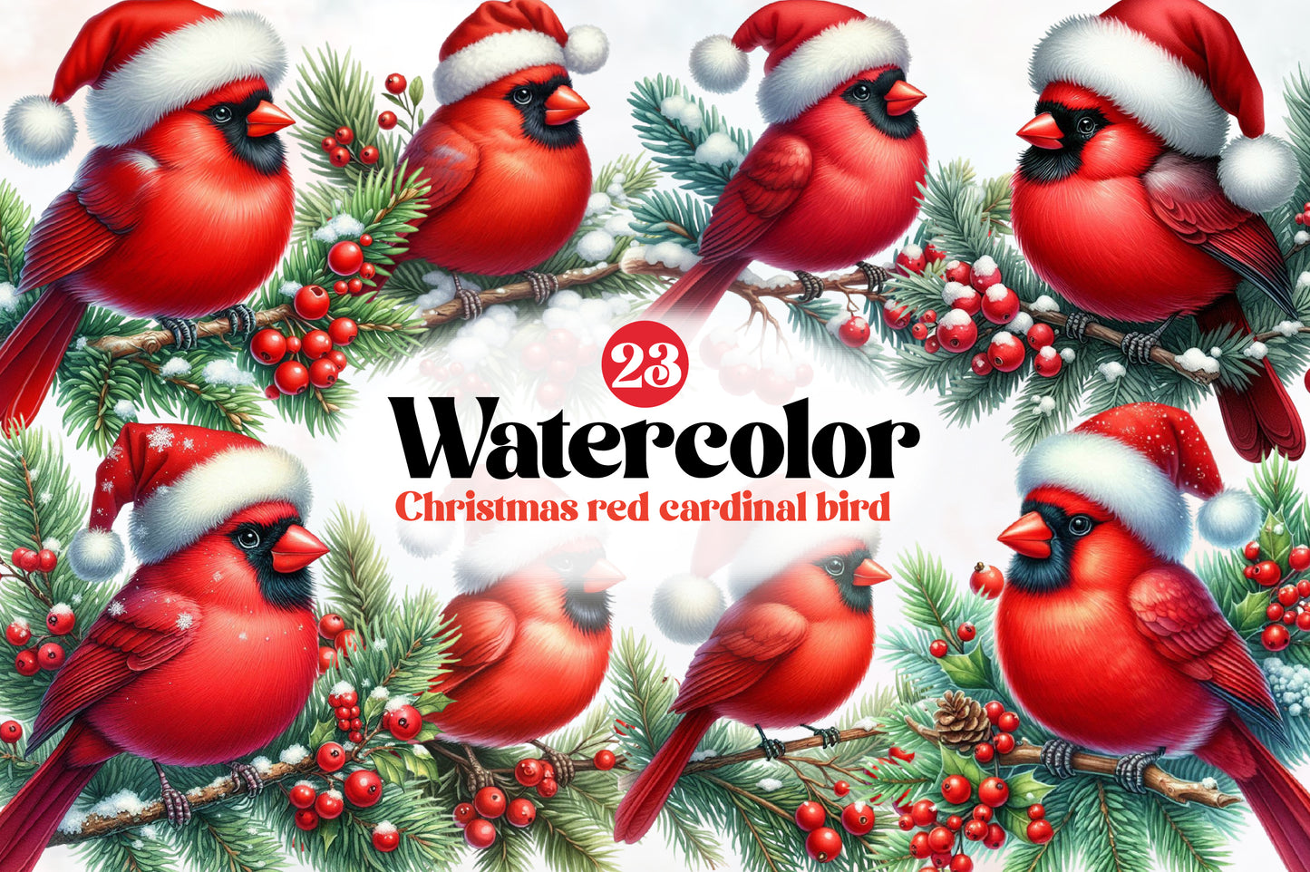 Watercolor Christmas Red Cardinal Bird Clipart PNG Bundle | Holiday Cardinal Bird