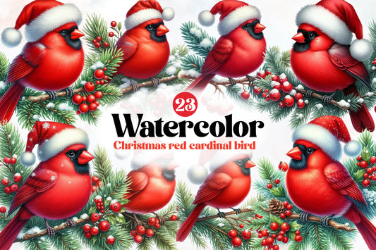Watercolor Christmas Red Cardinal Bird Clipart PNG Bundle | Holiday Cardinal Bird