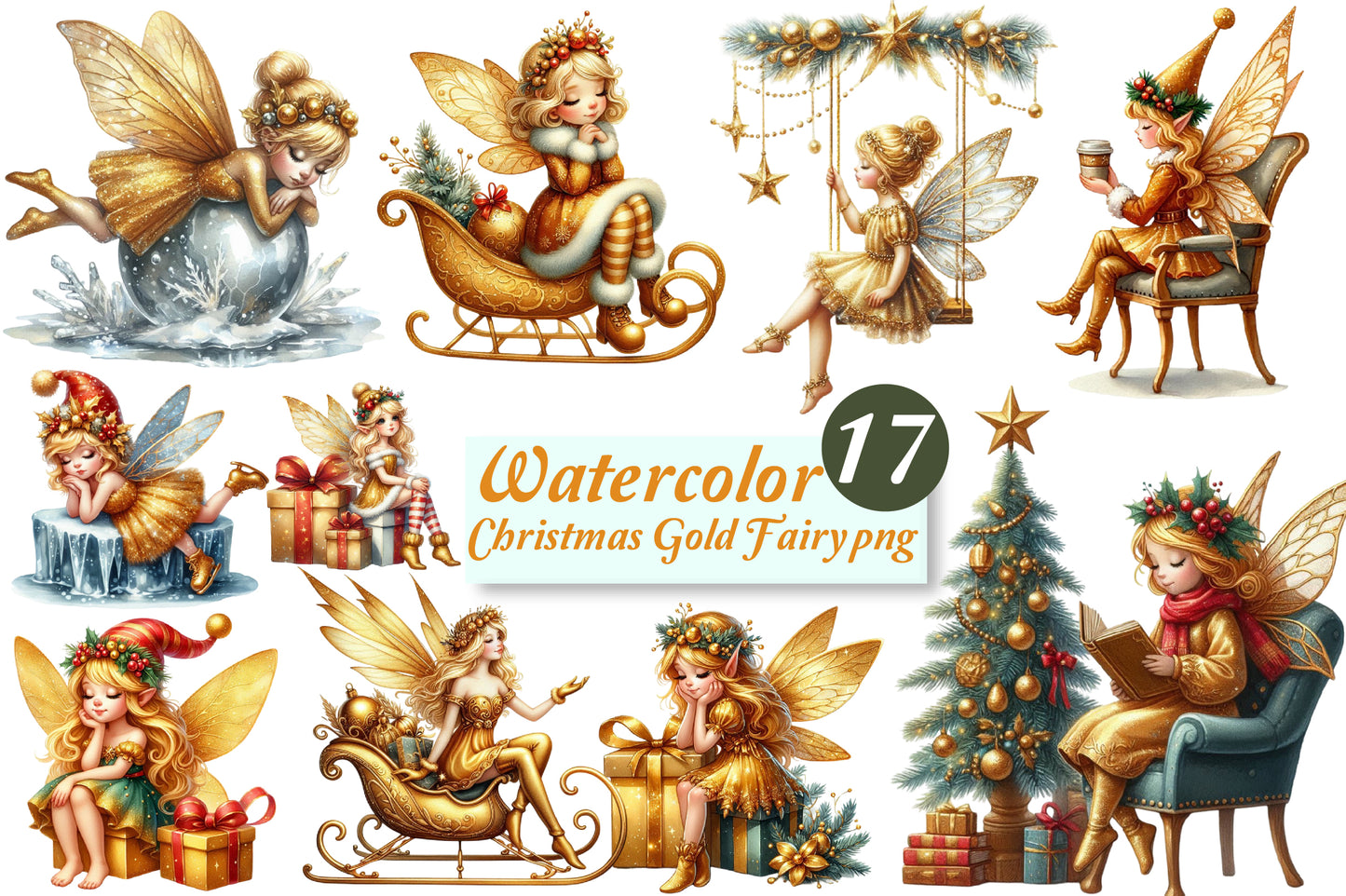 Christmas Gold Fairy PNG Bundle | Watercolor Christmas Fairy, Golden Fairy & Winter Holiday Girl Clipart