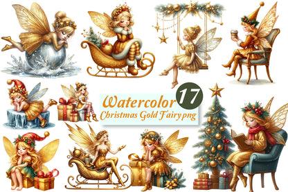 Christmas Gold Fairy PNG Bundle | Watercolor Christmas Fairy, Golden Fairy & Winter Holiday Girl Clipart