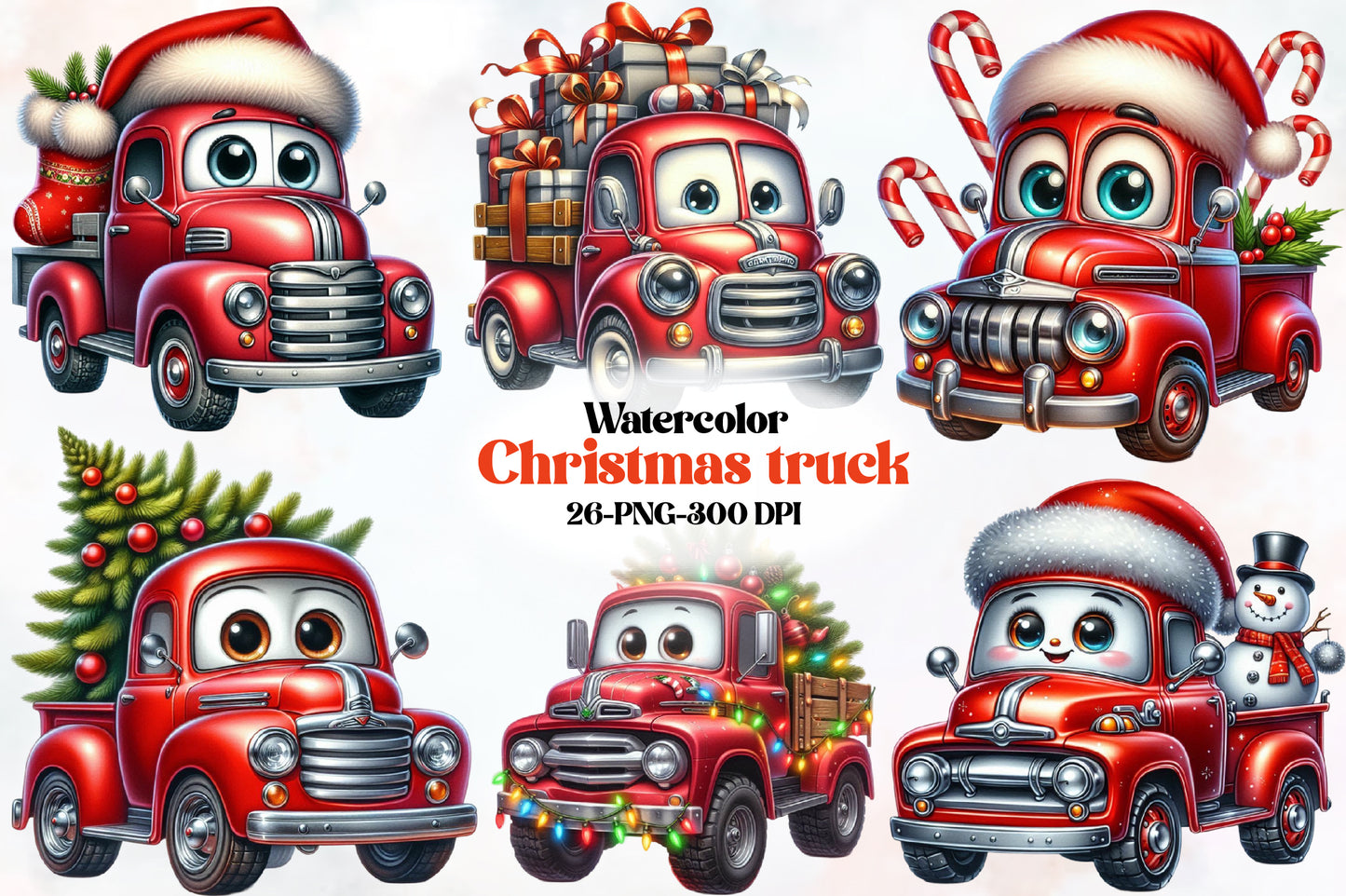 Watercolor Christmas Truck Clipart PNG Bundle | Cute Santa Holiday Truck & Festive Christmas Designs
