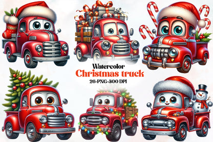Watercolor Christmas Truck Clipart PNG Bundle | Cute Santa Holiday Truck & Festive Christmas Designs