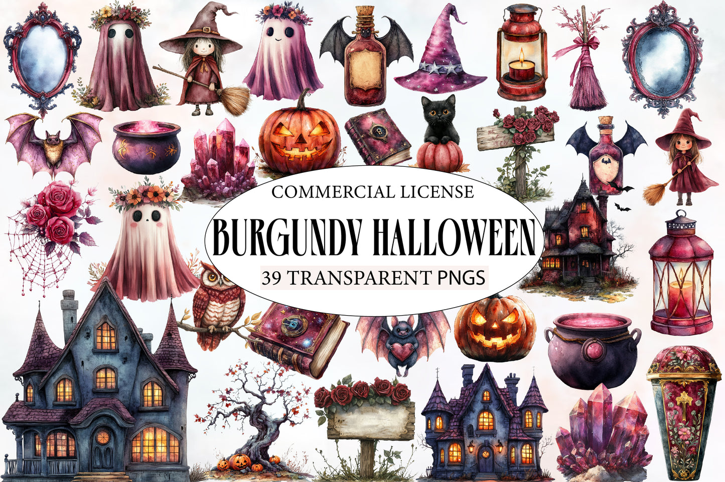 Burgundy Halloween Watercolor Clipart PNG Bundle | Gothic Halloween PNG | Dark Witch Clipart | Halloween Sublimation