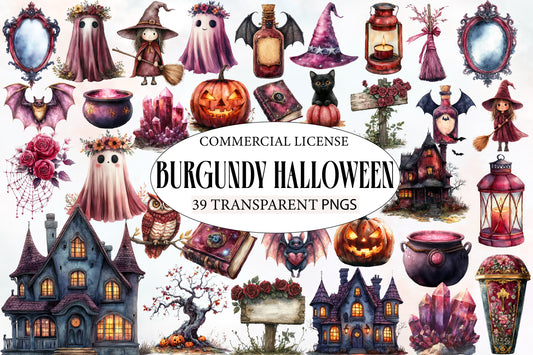 Burgundy Halloween Watercolor Clipart PNG Bundle | Gothic Halloween PNG | Dark Witch Clipart | Halloween Sublimation