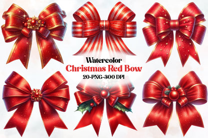 Christmas Red Bow PNG Clipart Bundle | Watercolor Red Christmas Bows, Ribbon, Gold Trim & Holiday Bow Designs