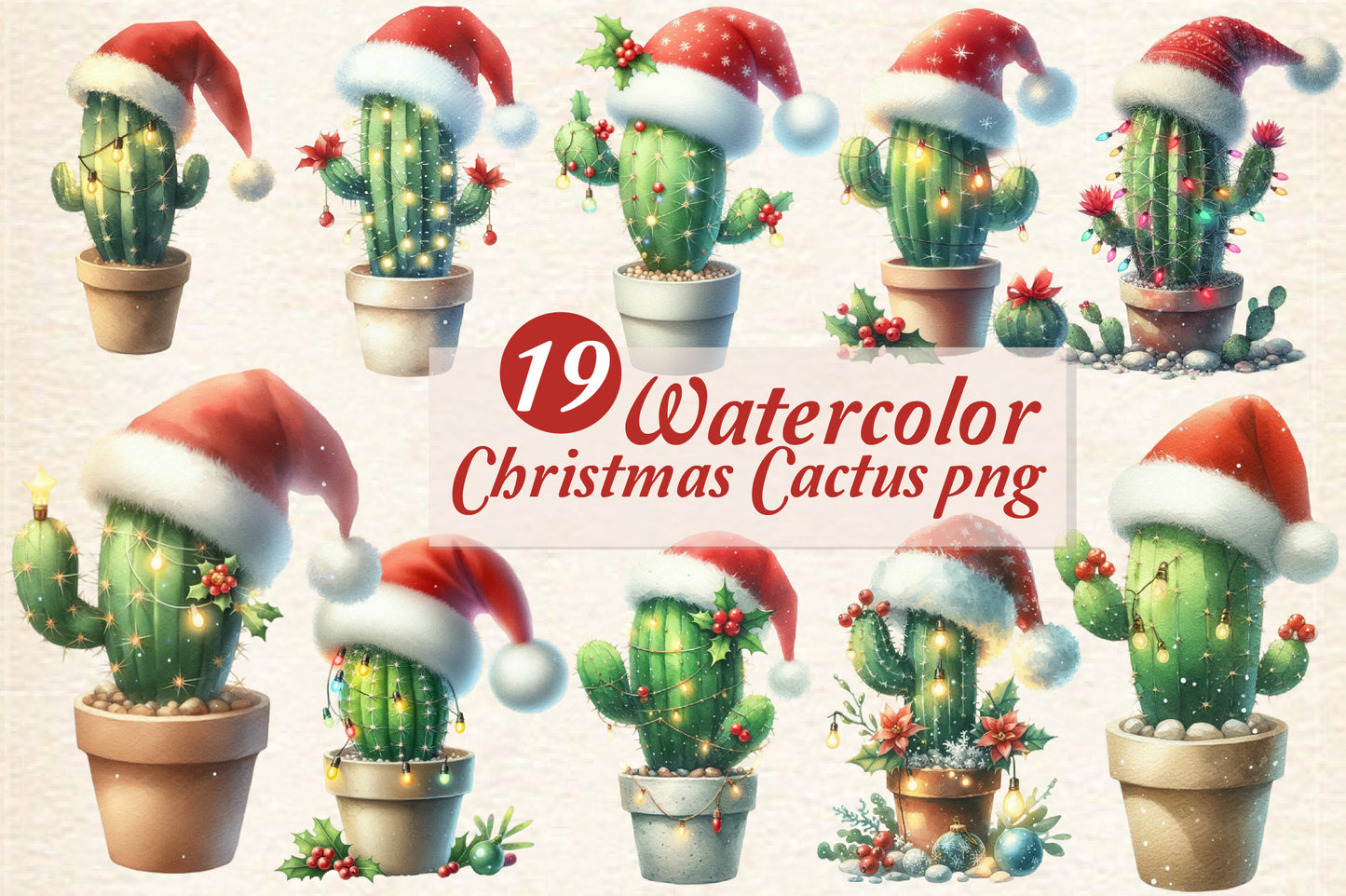 Christmas Cactus PNG Clipart Bundle | Watercolor Christmas Cactus with Santa Hats, Lights, Holly & Holiday Decor