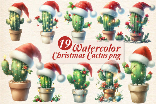 Christmas Cactus PNG Clipart Bundle | Watercolor Christmas Cactus with Santa Hats, Lights, Holly & Holiday Decor