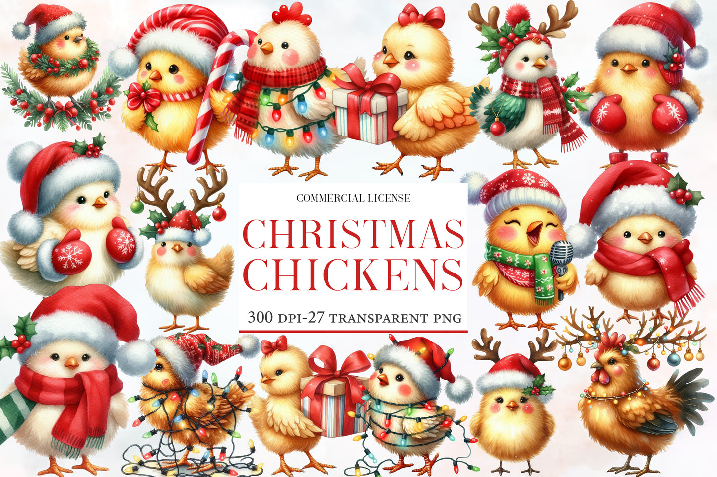 Christmas Chickens Clipart PNG Bundle | Watercolor Cute Christmas Chicken Clipart | Festive Farmhouse Holiday PNG
