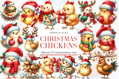 Christmas Chickens Clipart PNG Bundle | Watercolor Cute Christmas Chicken Clipart | Festive Farmhouse Holiday PNG