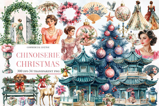Chinoiserie Christmas Watercolor Clipart PNG Bundle | Vintage Elegant Christmas Clipart | Pink Blue Holiday Sublimation PNG