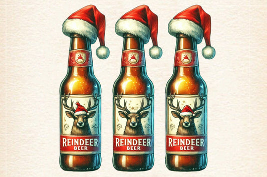 Christmas Reindeer Beer Bottle PNG Santa Hat Holiday Vintage Christmas Clipart