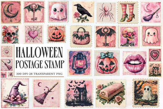 Halloween Postage Stamp PNG Bundle | Pink Gothic Halloween Clipart,