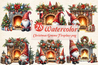 Christmas Gnome Fireplace PNG Bundle | Watercolor Christmas Gnomes, Fireplace & Holiday Mantel Clipart