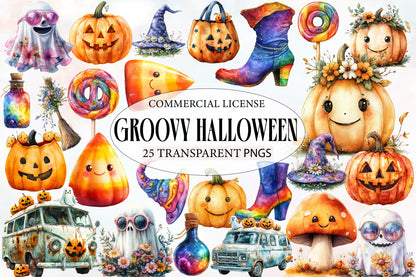 Groovy Halloween Clipart PNG Bundle | Retro Halloween PNG, Cute Pumpkin Clipart