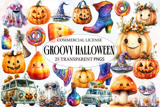 Groovy Halloween Clipart PNG Bundle | Retro Halloween PNG, Cute Pumpkin Clipart