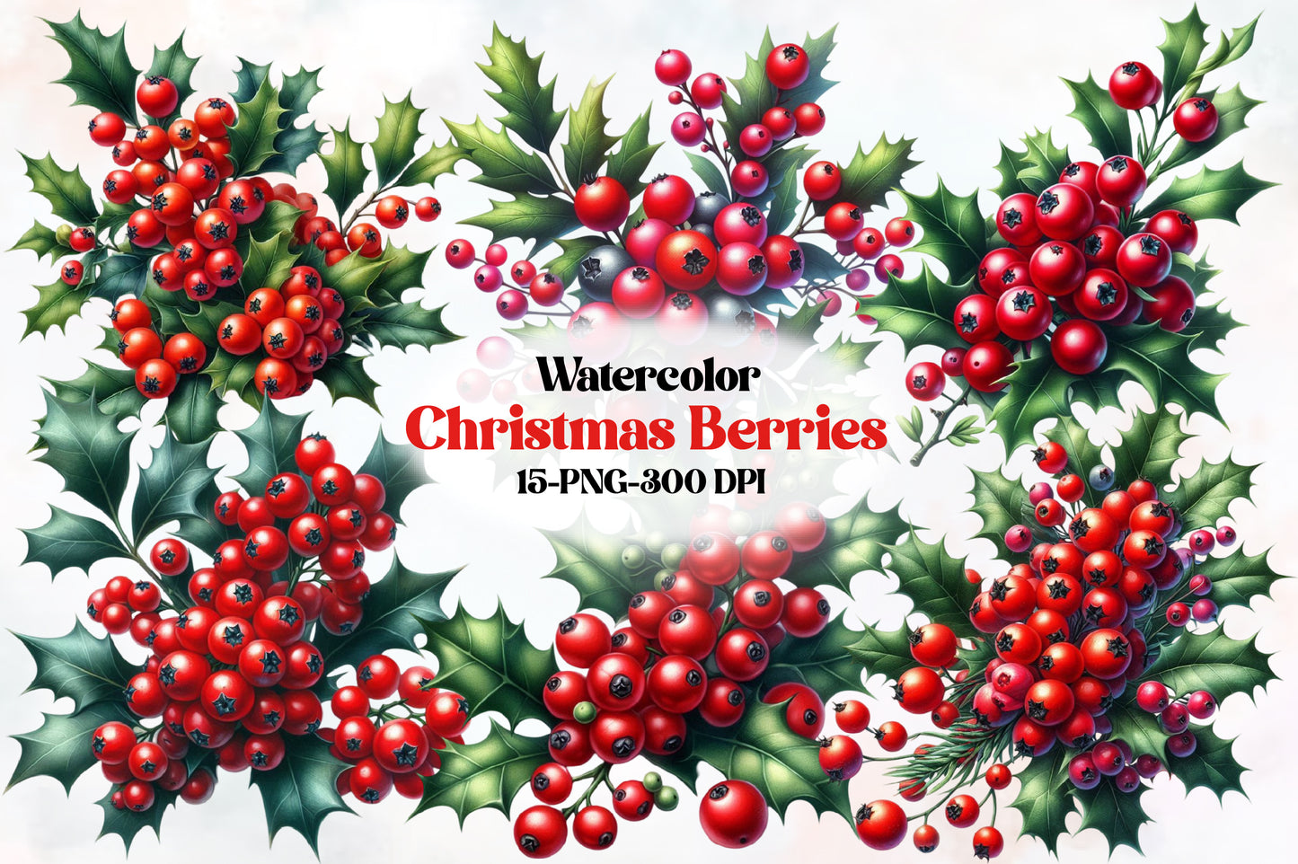 Christmas Berries Clipart PNG Bundle | Red Holly Berries, Winter Greenery, Christmas Berry Branches & Festive Botanical Designs