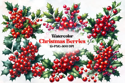 Christmas Berries Clipart PNG Bundle | Red Holly Berries, Winter Greenery, Christmas Berry Branches & Festive Botanical Designs