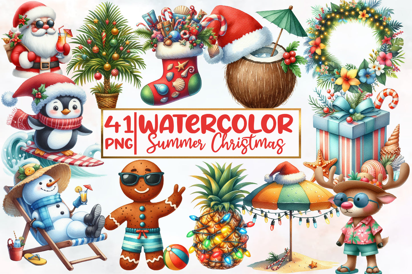 Summer Christmas Watercolor Clipart PNG Bundle | Tropical Christmas PNG | Beach Santa Sublimation
