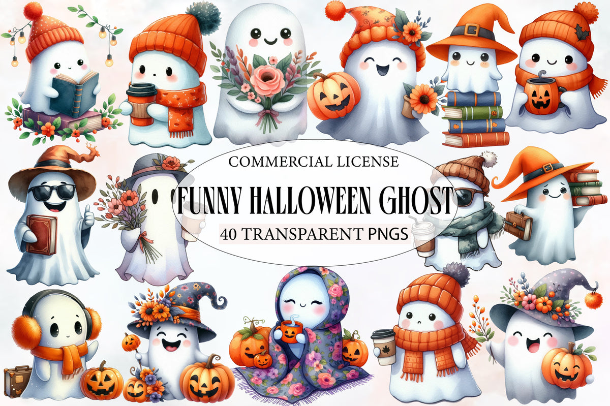 Funny Halloween Ghost Clipart PNG Bundle | Cute Ghost PNG, Kawaii Halloween Ghost, Cozy Fall Ghost, Ghost Sublimation,