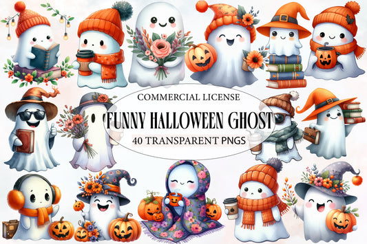 Funny Halloween Ghost Clipart PNG Bundle | Cute Ghost PNG, Kawaii Halloween Ghost, Cozy Fall Ghost, Ghost Sublimation,