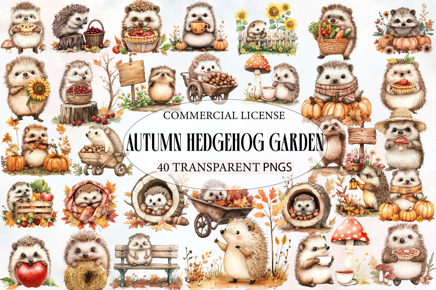 Autumn Hedgehog Garden Clipart PNG Bundle | Cute Hedgehog Watercolor Clipart