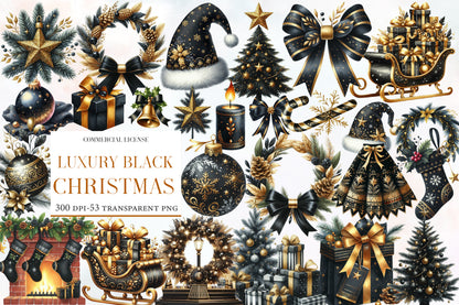 Luxury Black Christmas Watercolor Clipart PNG Bundle | Black Gold Christmas Clipart | Elegant Luxury Holiday Sublimation PNG