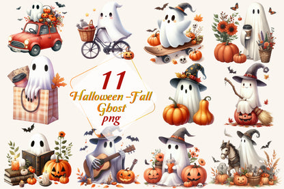 11 Watercolor Halloween Fall Ghost PNG Bundle Cute Spooky Autumn Clipart