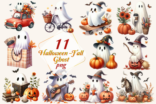 11 Watercolor Halloween Fall Ghost PNG Bundle Cute Spooky Autumn Clipart