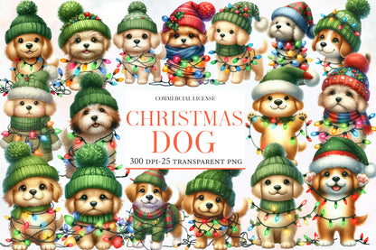 Christmas Dog with Lights Clipart PNG Bundle | Watercolor Cute Christmas Puppy with String Lights | Holiday Sublimation PNG