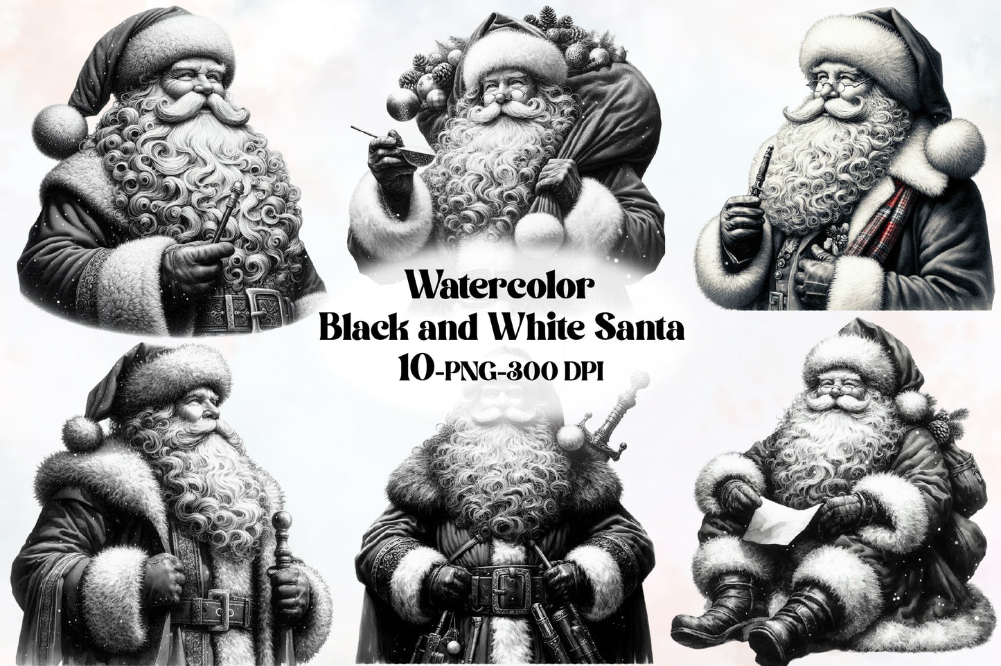 10 Watercolor Black and White Santa PNG Clipart Christmas Bundle