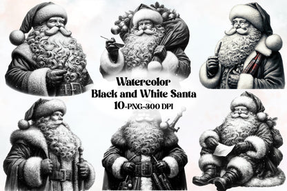 10 Watercolor Black and White Santa PNG Clipart Christmas Bundle
