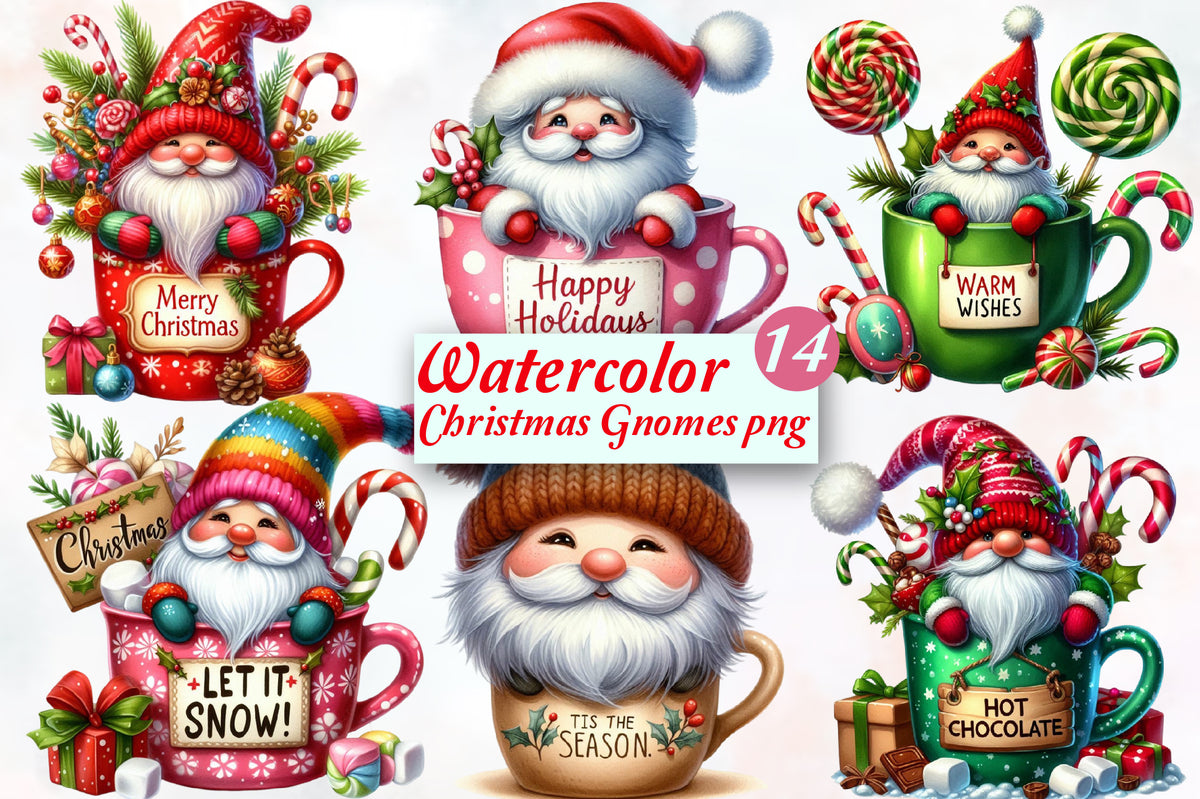 14 Christmas Gnome PNG Clipart Bundle Watercolor Holiday Gnome Sublimation