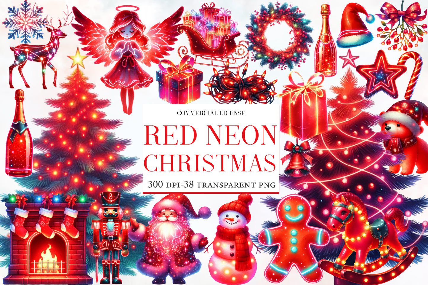 Red Neon Christmas Clipart PNG Bundle | Glowing Christmas PNG | Neon Holiday Sublimation