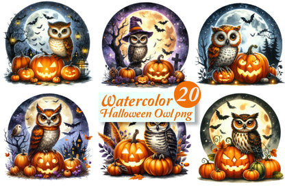 20 Watercolor Halloween Owl PNG Bundle Cute Spooky Owl Pumpkin Clipart
